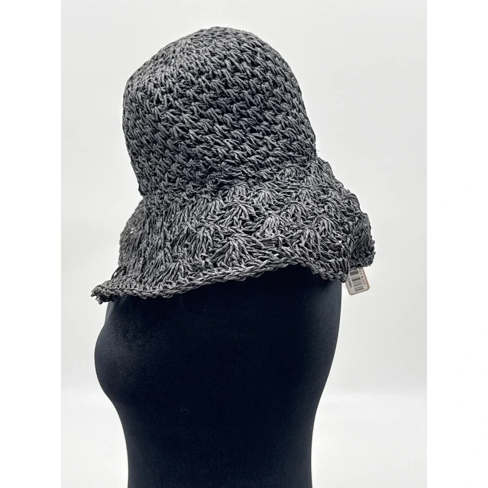Black Crochet Straw Sun Hat Floppy Wide Brim Boho Summer Bucket Hat NWT T29003-5